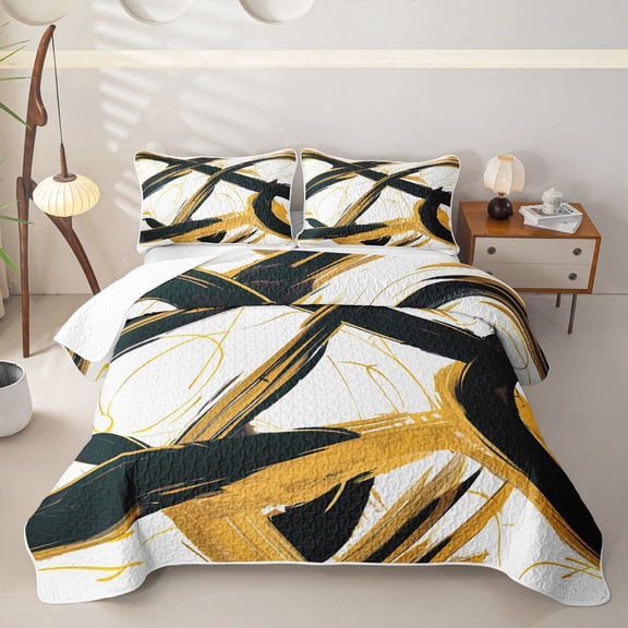 Homewish Gold Black Circle Twin Quilt Set,Aesthetic Geometric Twin Coverlet Set,2pcs