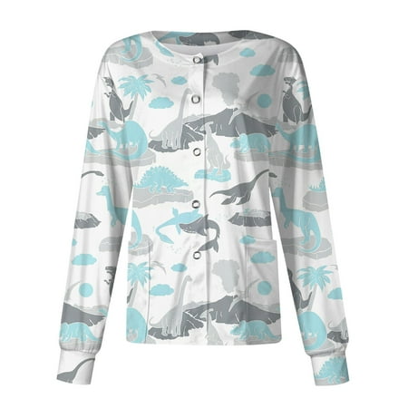 

Sksloeg Women s Plus Size Scrub Jacket Tops Workwear Crew Neck Long Sleeve Cartoon Dinosaur Print Nursing Uniform Pattern Scrubs Shirts with Pockets Sky Blue 5XL