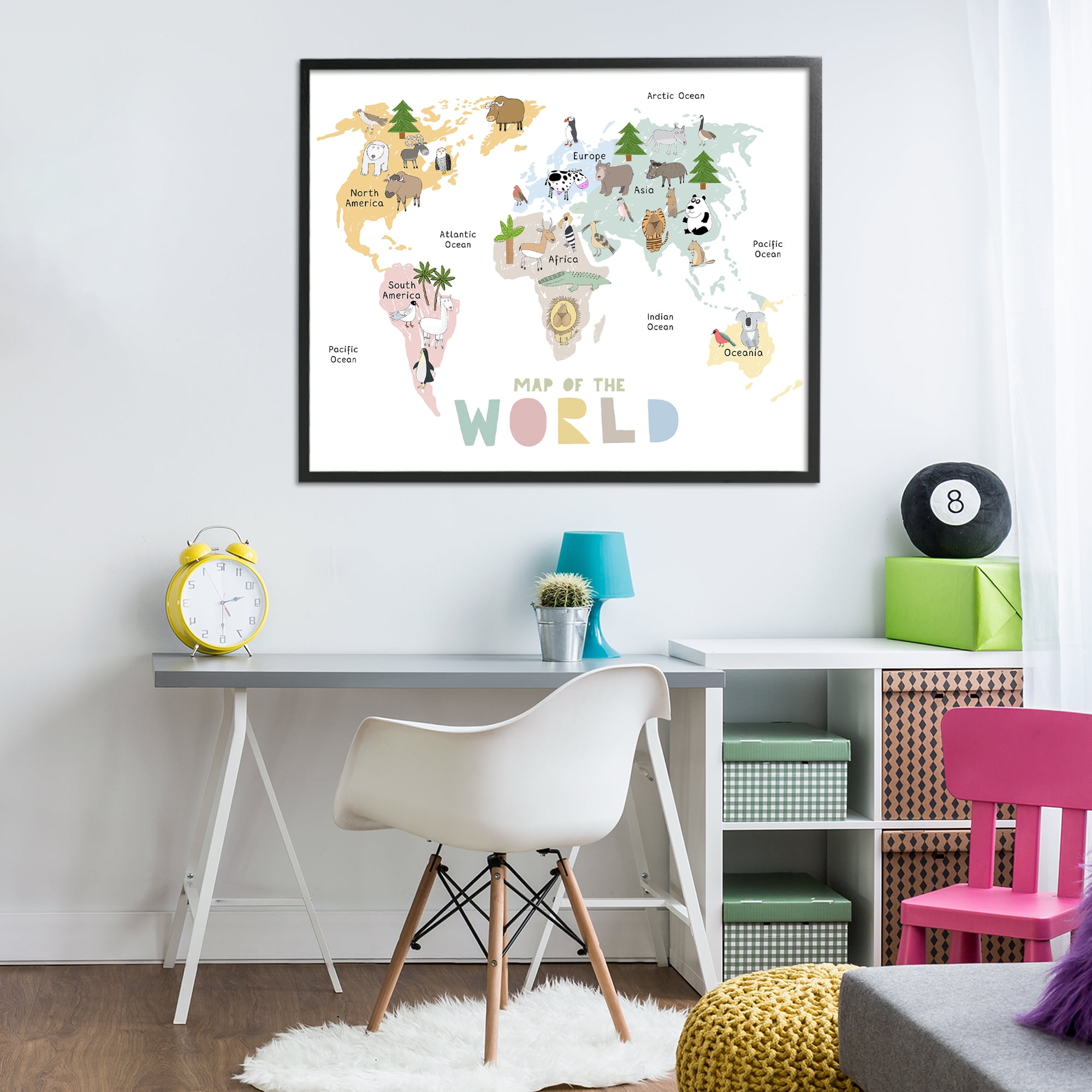 Map Of World Pastel Animals Black Framed Giclee Art, design by Carla Daly