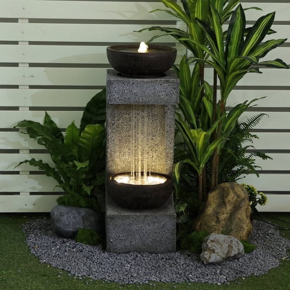 Garden Springs Zen Zone Polyresin Water Fountain with Lights and Stone Planter