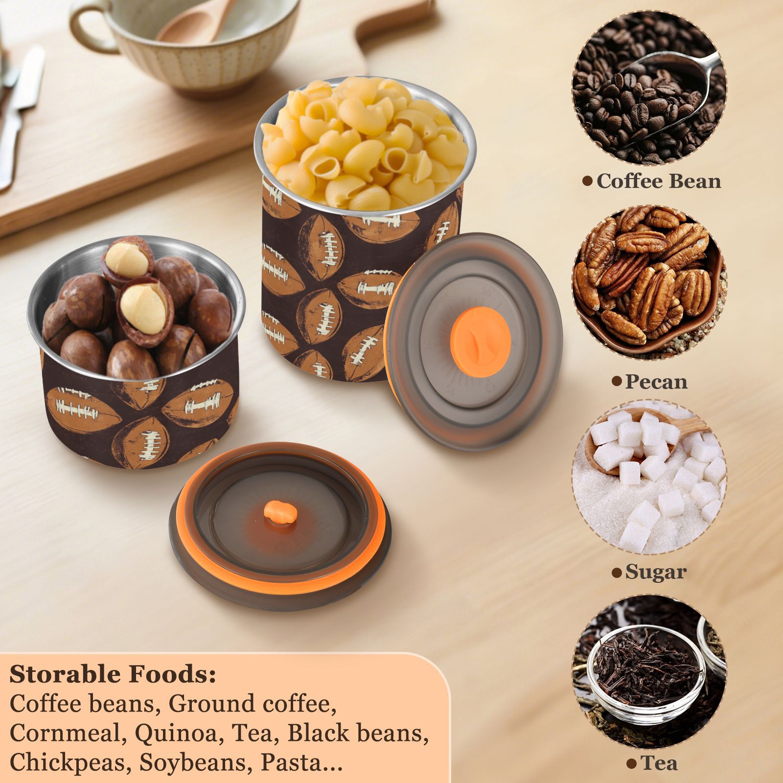 Brown Football Airtight Coffee Bean Canister 30oz Food Storage Containers with Lids For Gournd, Tea, Sugar, Flour, Rice, Cereal, Candy Cookie Jar