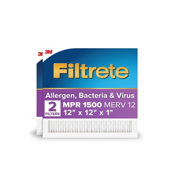 Filtrete 12x12x1 HVAC Furnace Air Filter, MPR 1500 MERV 12, Advanced Allergen Reduction, 2 Pack