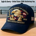 thumbnail image 2 of Eagle & Liberty – United States 250th Anniversary Hat, Embroidered American Bald Eagle & Liberty Bell Design, 1776-2026 Commemorative Navy Blue Adjustable Baseball Cap for Men & Women, 2 of 9