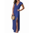thumbnail image 2 of Women'S Deep V Neck Solid Color Pleated High Waist Slit Club Party Evening Long Maxi Dress Blue S, 2 of 7