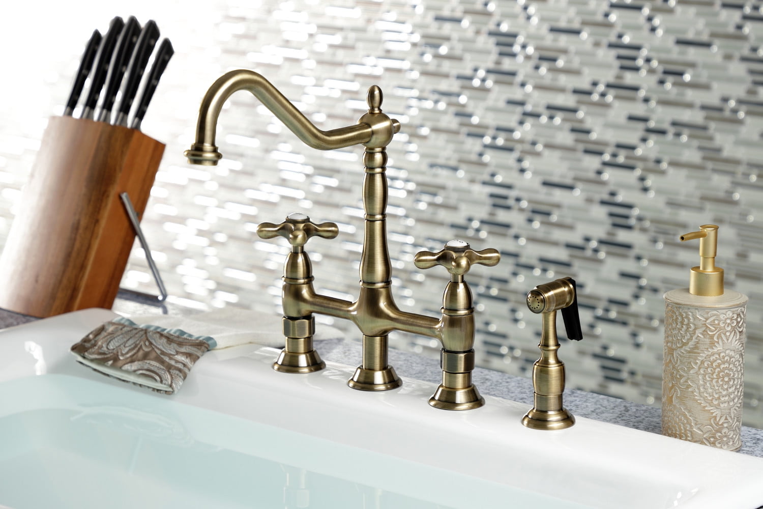 Kingston Brass KS1273AXBS Heritage Bridge Kitchen Faucet with Brass Sprayer, Antique Brass