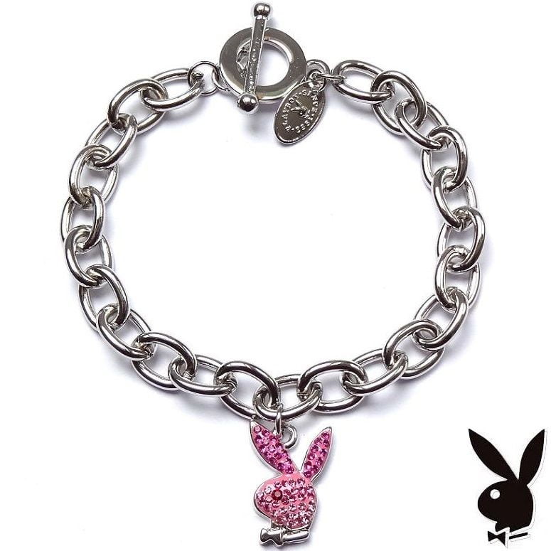 Playboy Bracelet Pink Enamel Bunny Charm Swarovski Crystals Toggle
