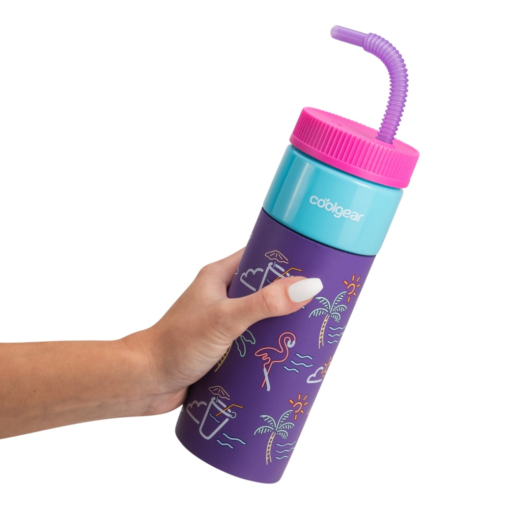 Cool Gear 24oz Plastic Retro Squishy Water Bottle, Neon Summer Purple with Foam Grip and Resealable Straw