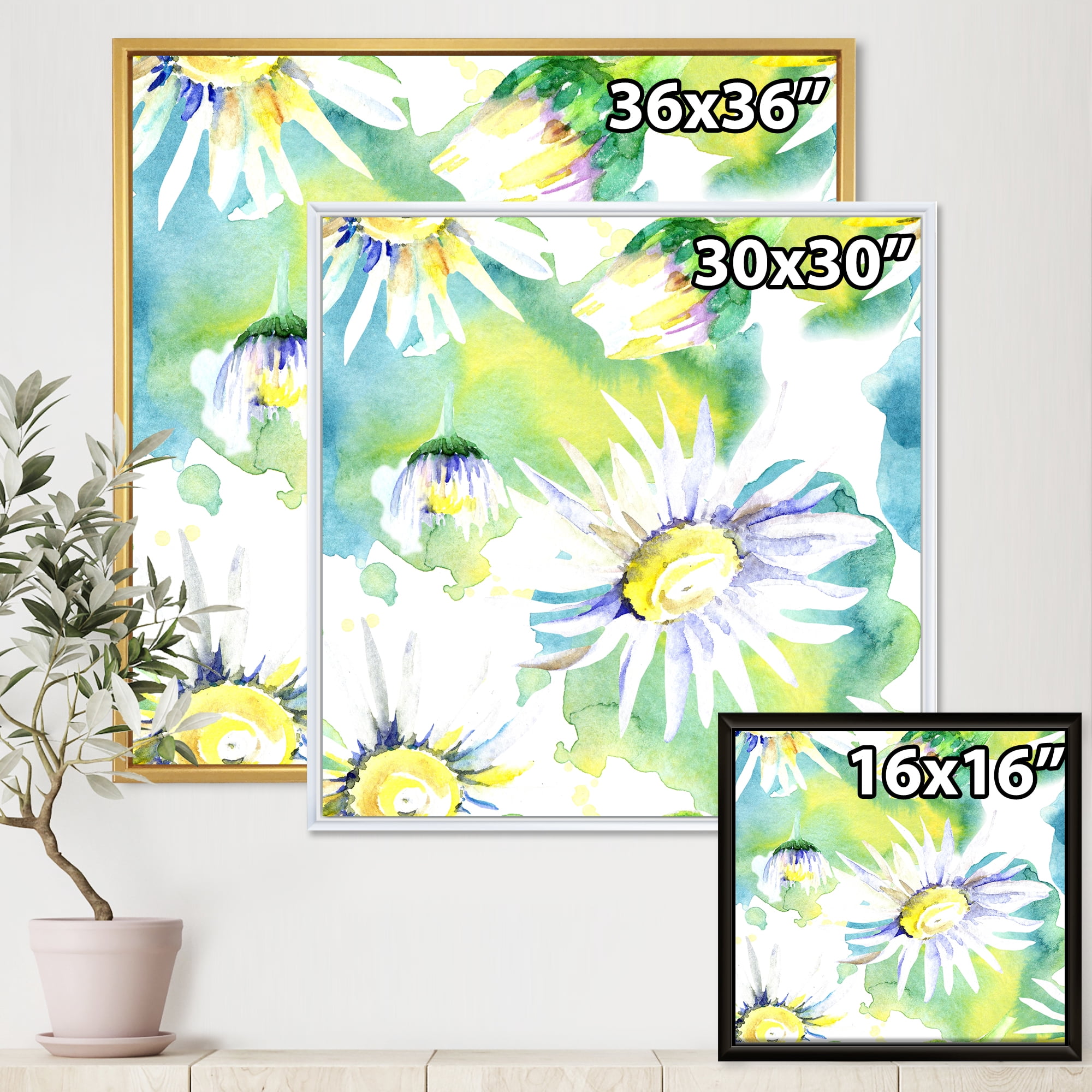 Designart 'Aquarelle Impression of Daisy Flowers II' Traditional Framed Canvas Wall Art Print