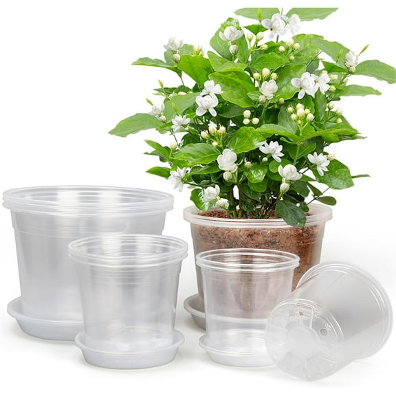 LZCKDPX 10/8/6/5 Inch Nursery Pots with Saucers, 12 Pack Clear Nursery Pots with Drainage Hole for Indoor Outdoor, Plastic Clear Pots for Plants for Flowers, Succulents, Small Herbs