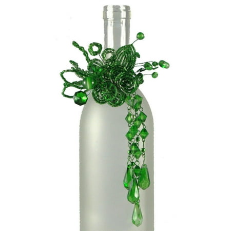 Pack of 4 Emerald Green Beaded Flower Shimmer-Ring Wine Bottle Charms 6