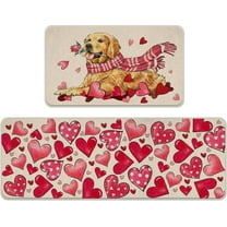 Valentine''s Day Golden Retriever Dog Kitchen Rugs Set of 2, Puppy Pink Red Love Heart Polka Dot Kitchen Mats Decor, Anniversary Wedding Floor Door Mat Home Decorations -17x29 and 17x47 Inch