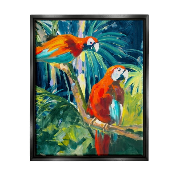Stupell Industries Tropical Parrots in Jungle Animals & Insects Painting Black Floater Framed Art Print Wall Art, 17 x 21