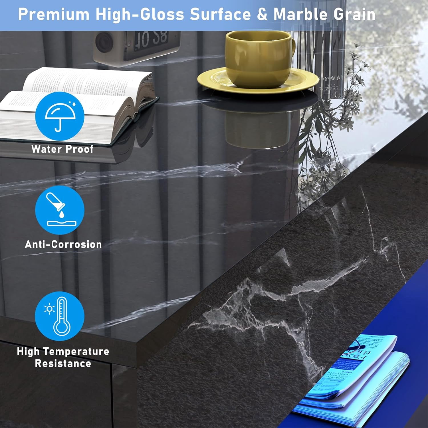 ChVans 39.37" Black LED Coffee Table with 2 Storage Drawers, Modern High Gloss Coffee Table w/20 Colors LED Lights/APP Control, 2 Tiers Rectangle Large Living Room Furniture w/Marbling Print