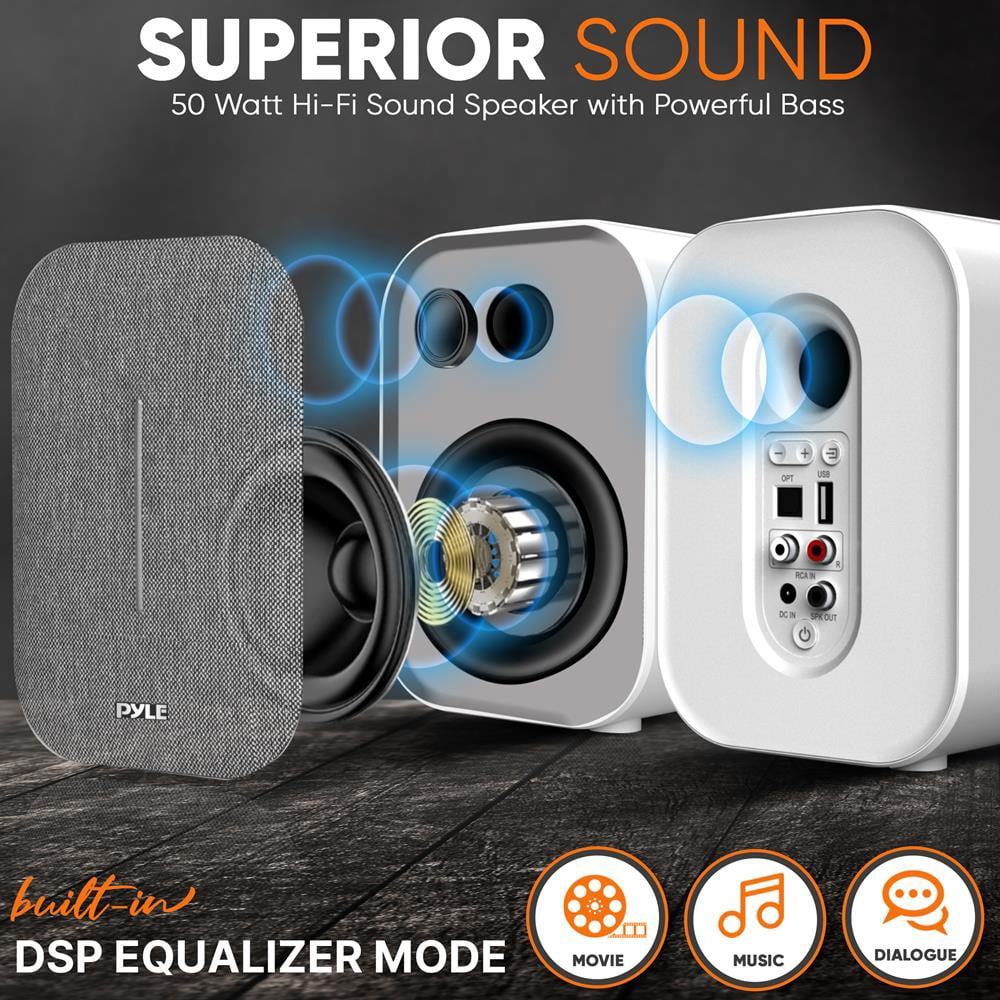 Pyle 50-Watt MAX HiFi Studio Active and Passive Desktop Bluetooth Bookshelf Speaker System, (White)