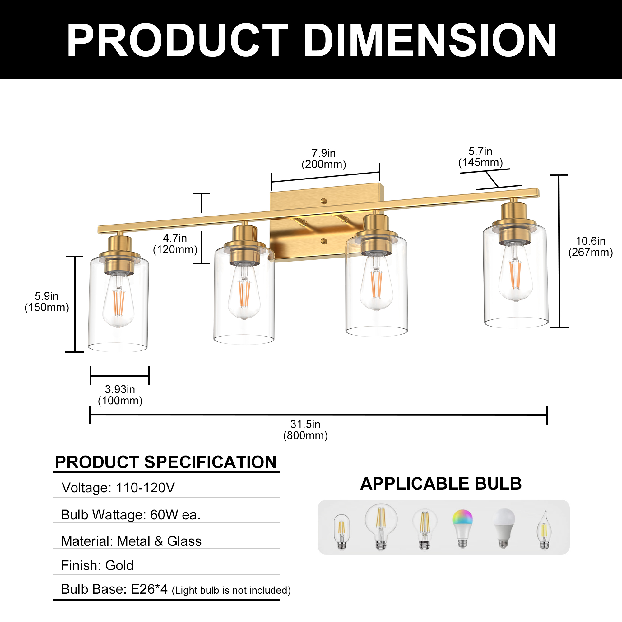 YANSUN 32 in 4-Light Gold Industrial Bathroom Vanity Light with Clear Glass Shades, for Master Bath, Guest Bathroom, Powder Room or Bedroom