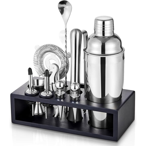 Cocktail Shaker Set with Stand | Mixology Bartender Kit Bar Set with Essential Bar Accessories for Home Bar: Martini Shaker, Jigger, Muddler, Bar Spoon | Drink Mixer Cocktail Kit
