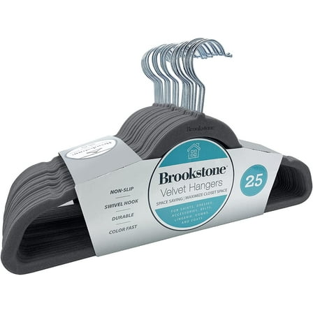 Brookstone 25 Non-Slip, Extra Thin Clothing Velvet Hangers with Swivel Hook, Gray