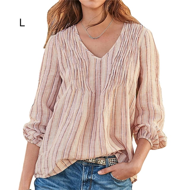 Chemise Femme à Rayures Plissée à Manches Longues Haut à Col en V Blouse Décontractée, Rose, G