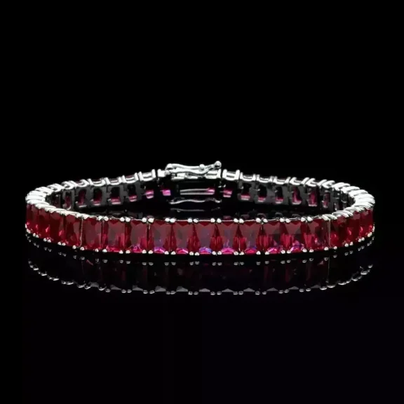 14.00Ct Emerald-Cut Lab-Created Red Ruby Tennis Bracelet White Gold Plated STERLING SLIVER
