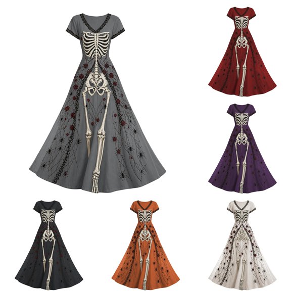 Xijirk Women's Halloween V Neck Short Sleeve Maxi Dress Skeleton Spider Rose Print Lace Trim Gown for Halloween Costume Party,M
