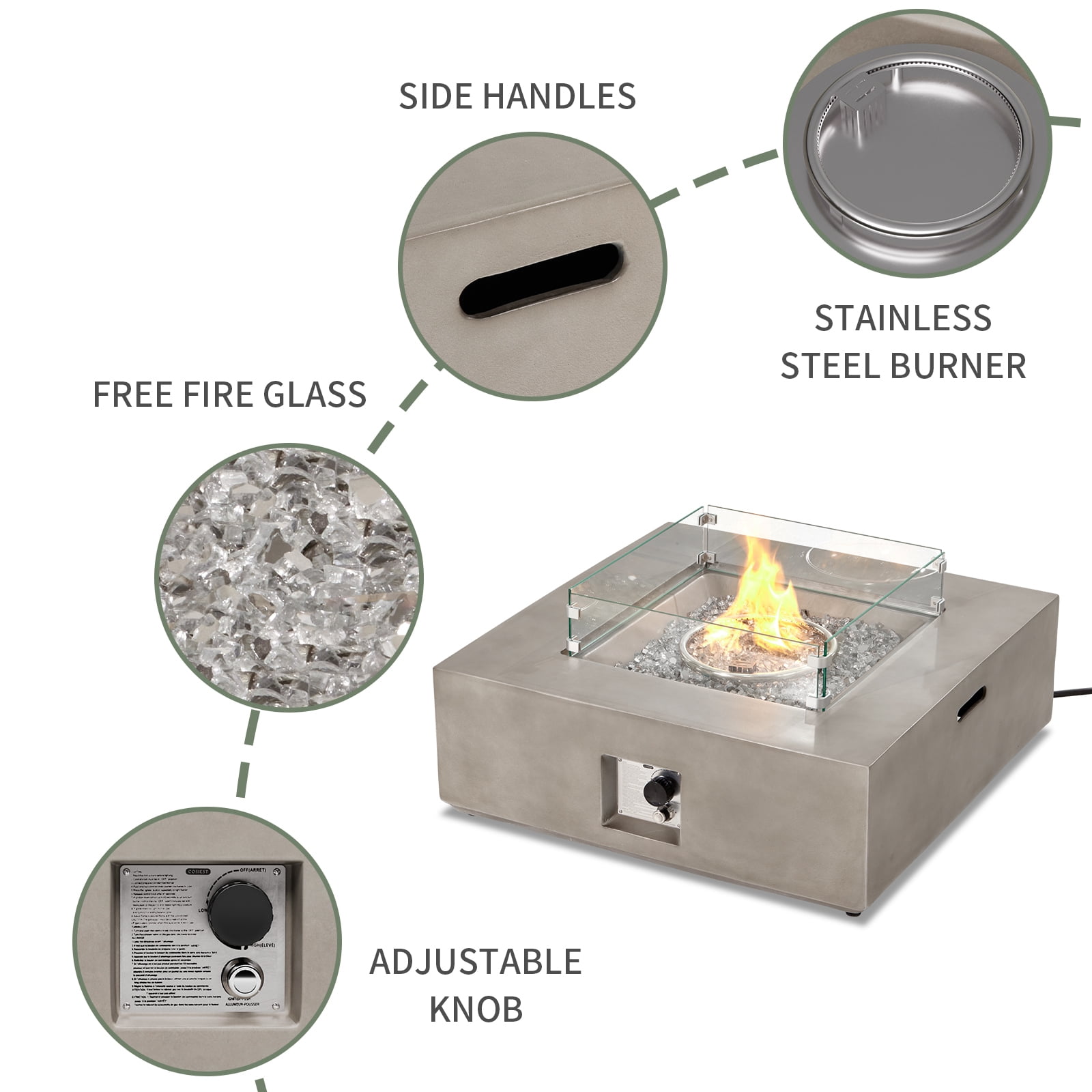 VENTOPYR Outdoor Propane Square Fire Pit Table, Gray Faux Stone 35-inch Planter Base, 50,000 BTU Stainless Steel Burner, Transparent Gray Fire Glass and Rain Cover, Metal Lid