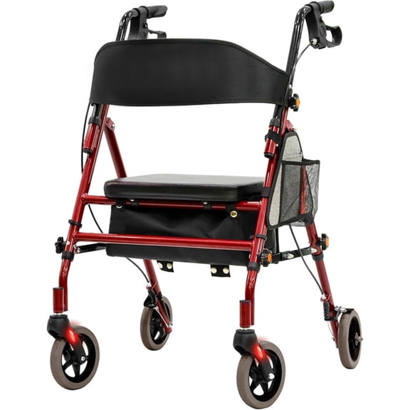 Lightweight Foldable Rollator Walker with Seat for Seniors, 350 lb Capacity, 5-Position Adjustable Height, Aluminum & Carbon Steel Frame, Red