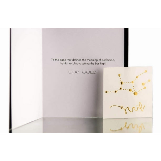 Tarjeta de felicitación flash con estampado de tatuajes del zodiaco Virgo con lámina dorada