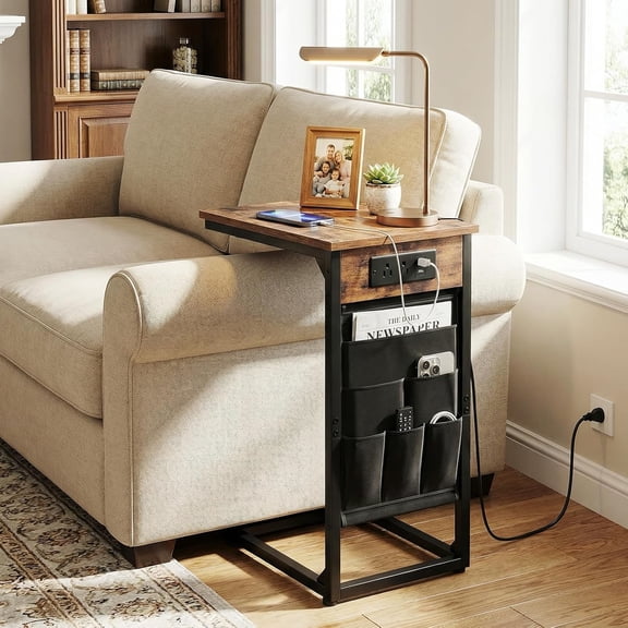 C Shaped End Table Set of 2 with Charging Station, TV Tray Couch Tables with Storage Bag, Slide Under Sofa Side Table with USB Ports for Living Room, Rustic Brown