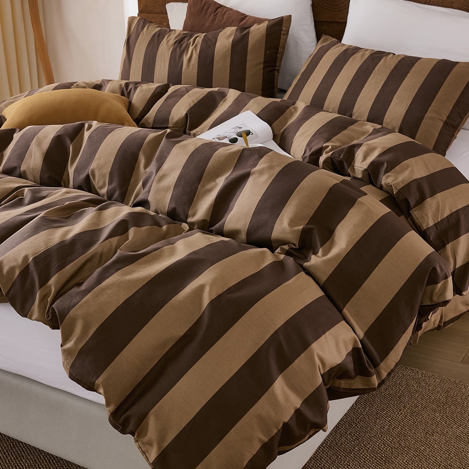 Brown Striped Duvet Cover Set Queen Size, 100% Natural Cotton Linen Like Duvet Cover Set with Zipper Closure & 8 Corner Ties, Brown Khaki Soft Reversible Bedding for All Seasons