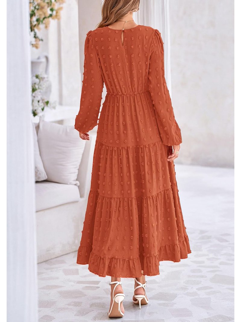 Women's Fall Elegant Long Sleeve Maxi Dress Swiss Dot A Line Flowy Casual Holiday Party Going Out Dresses