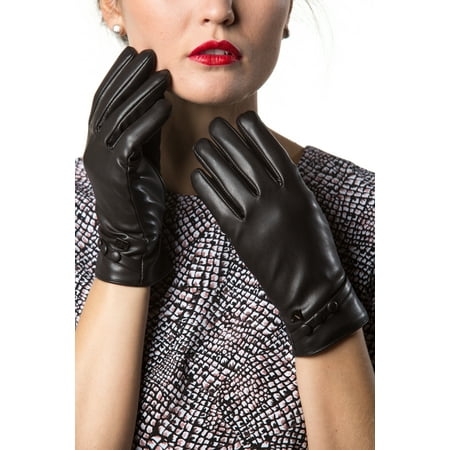 Ladies Leather Driving Gloves - Gallery Seven Women's Winter Gloves Warm Touchscreen Driving Texting Ladies Gloves - Black - Button Design - Small