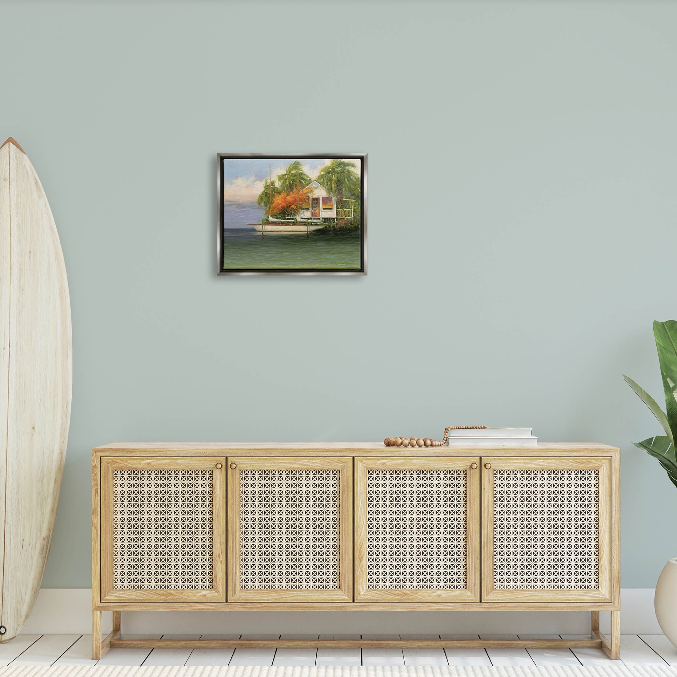 Tropical Seaside House Boat Landscape Painting Luster Gray Framed Art Print Wall Art