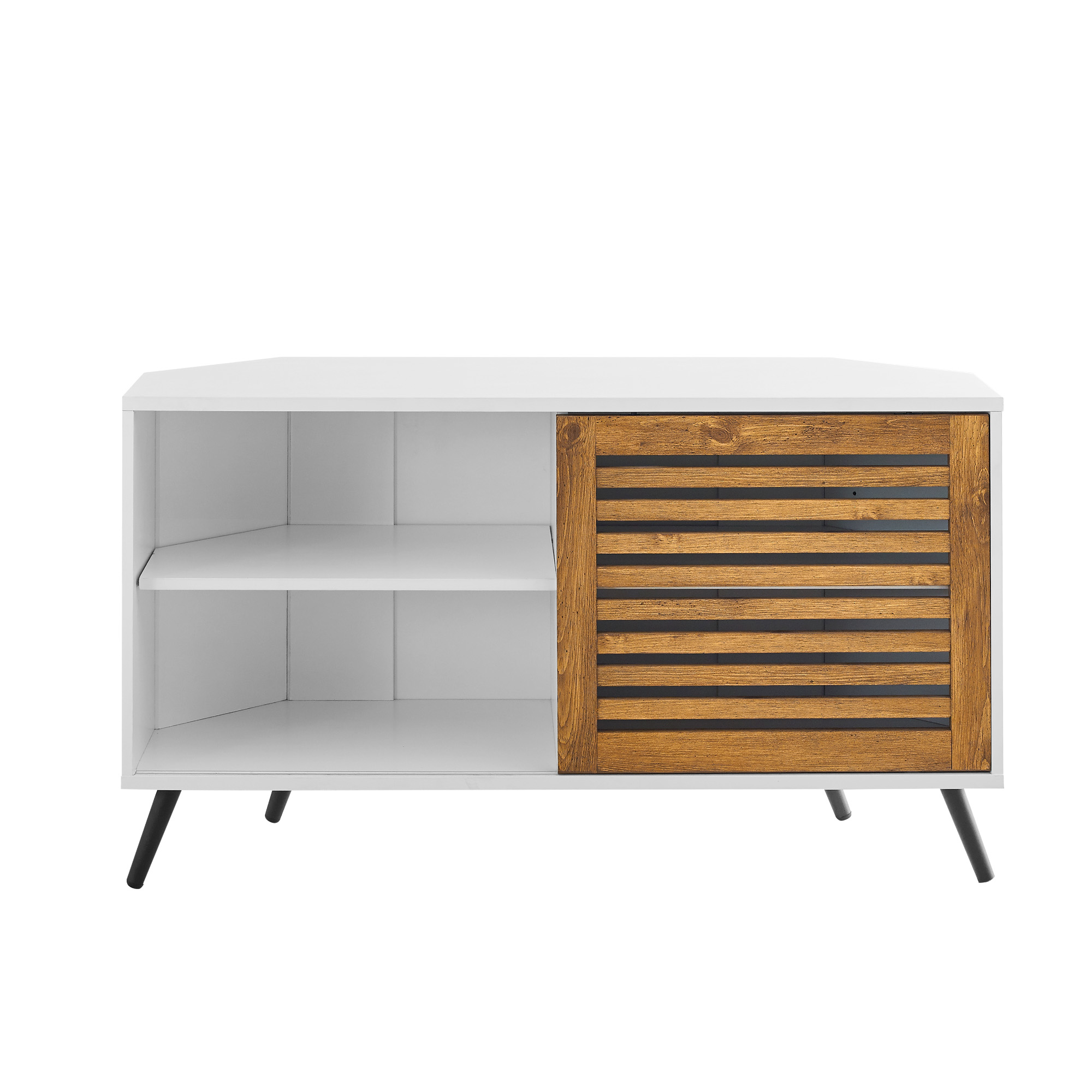 Manor Park Contemporary Boho Sliding Door Corner TV Stand, White