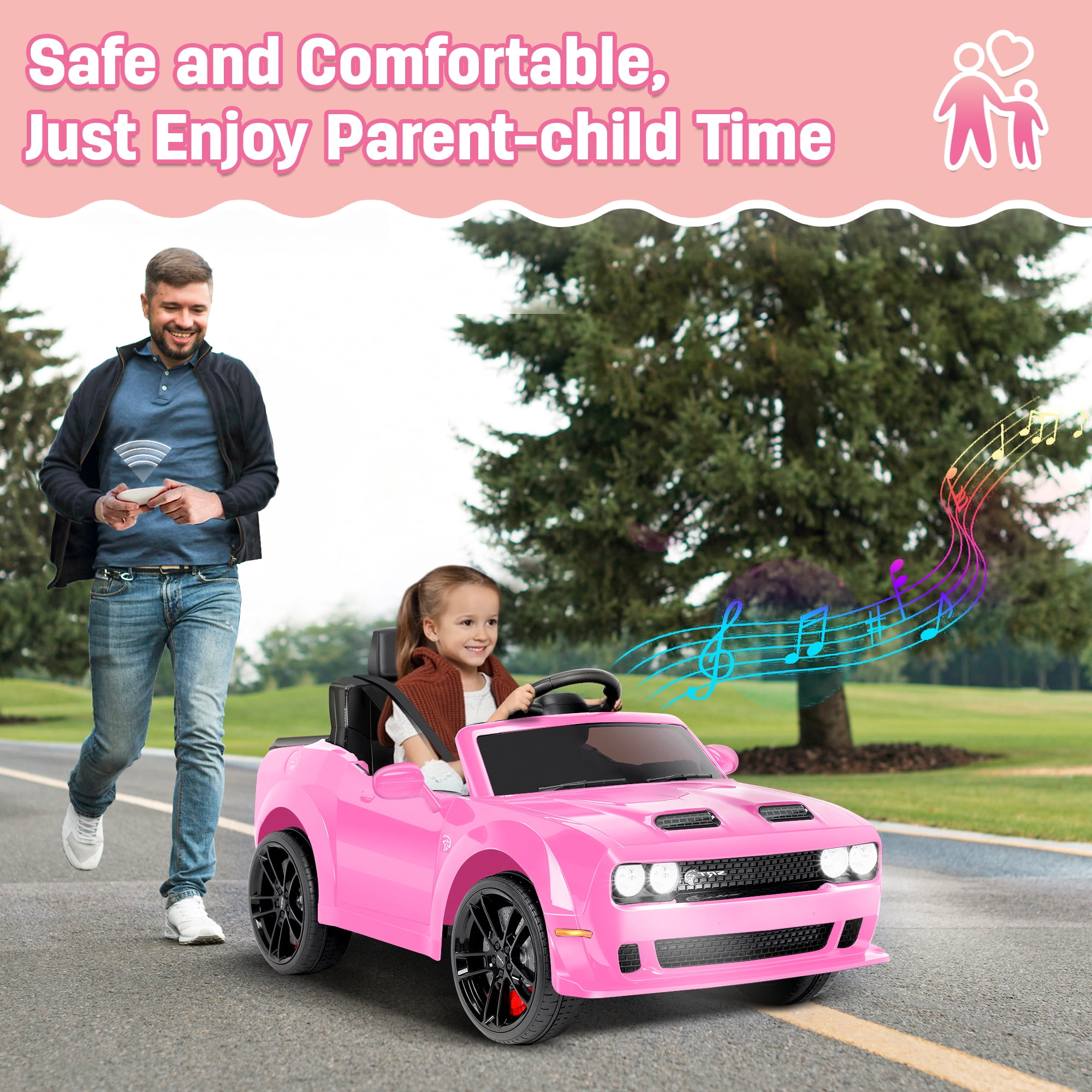 Dodge Challenger SRT Kids Ride on Car,Wisairt 12 V Battery Powered Electric Vehicle w/ Remote Control,Bluetooth,LED Lights(Pink)