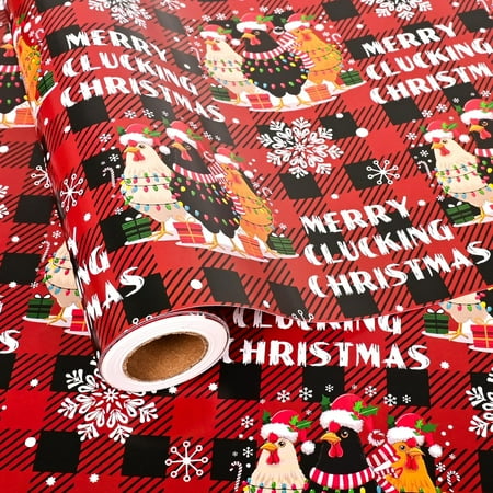 Chicken Wrapping Paper Roll - Red Black Buffalo Plaid Christmas Gift Wrap with Merry Clucking Christmas Texts - 28.5sq.ft