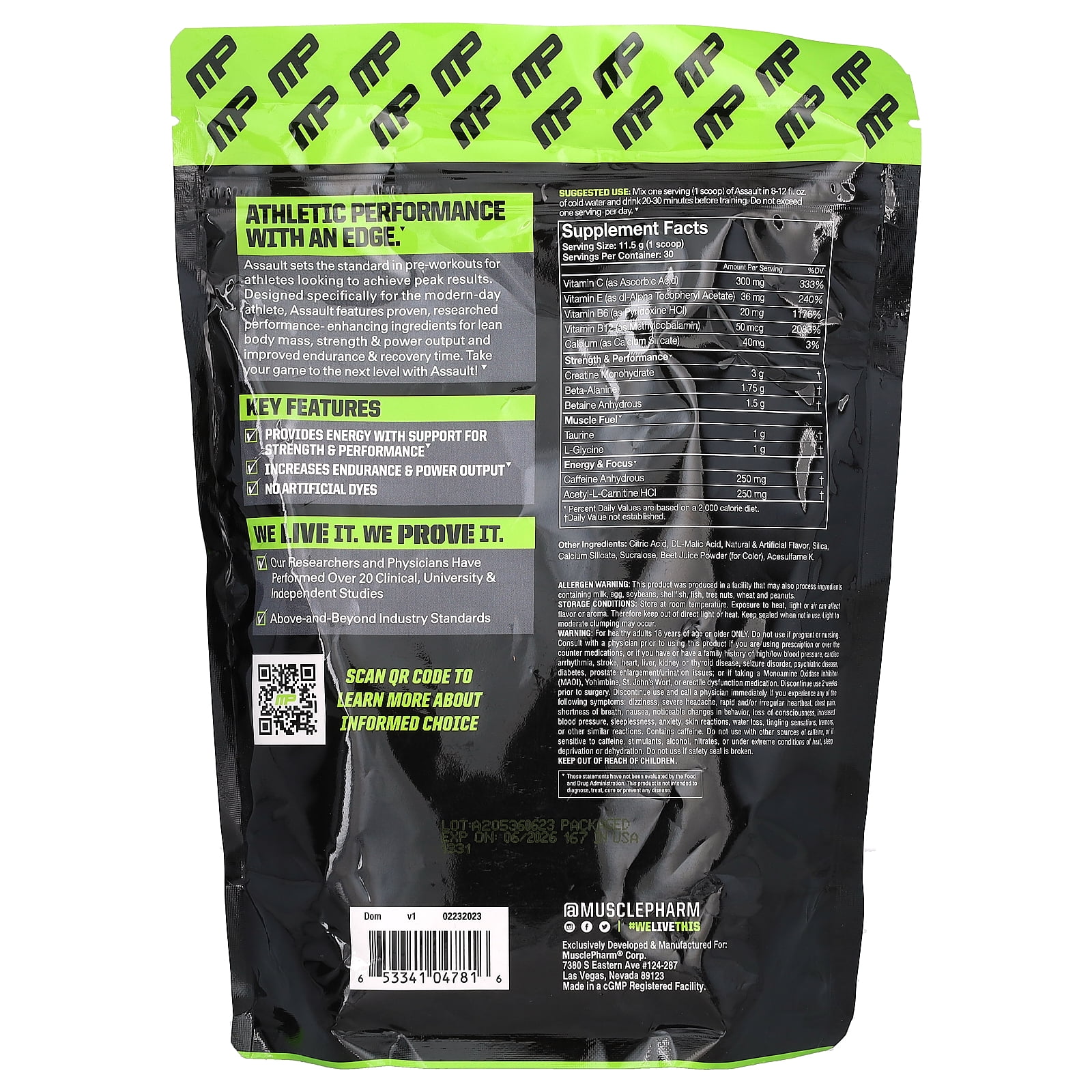 MusclePharm Assault Pre Workout Powder, Fruit Punch, 30 Servings