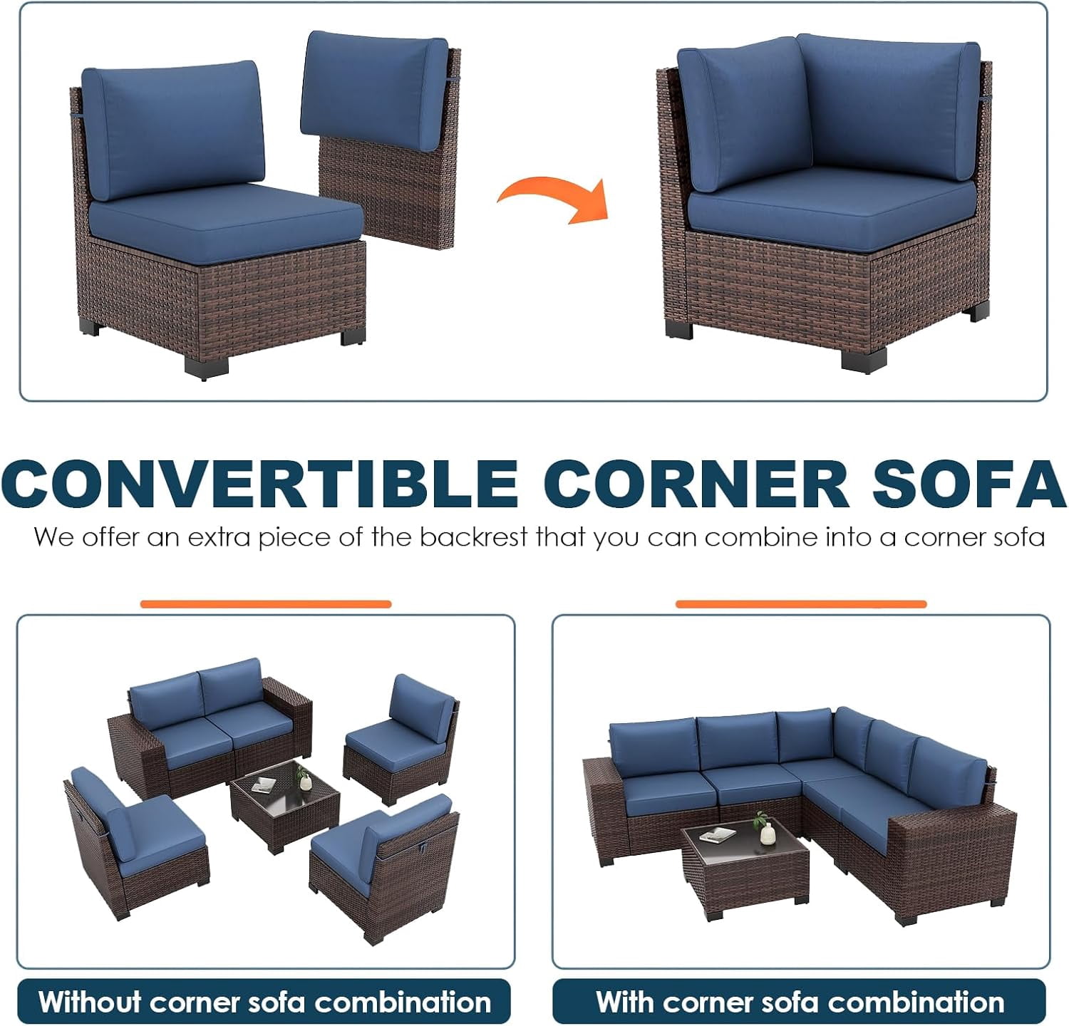Patio Furniture Set, Ampatio 6-Piece Outdoor Sectional Sofa with Tempered Glass Table for Backyard & Porch, Wicker | Metal | Brown