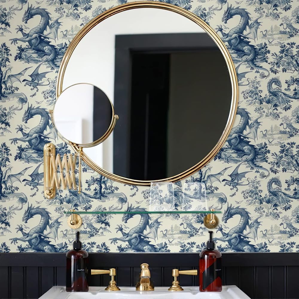 Wild Creature Dragon Light Yellow Blue Tree Peel and Stick Wallpaper Easy Peel Off Contact Paper Vintage Vinyl Self Adhesive Removable Stick on Wall Paper for Kitchen Cabinet Renter Friendly