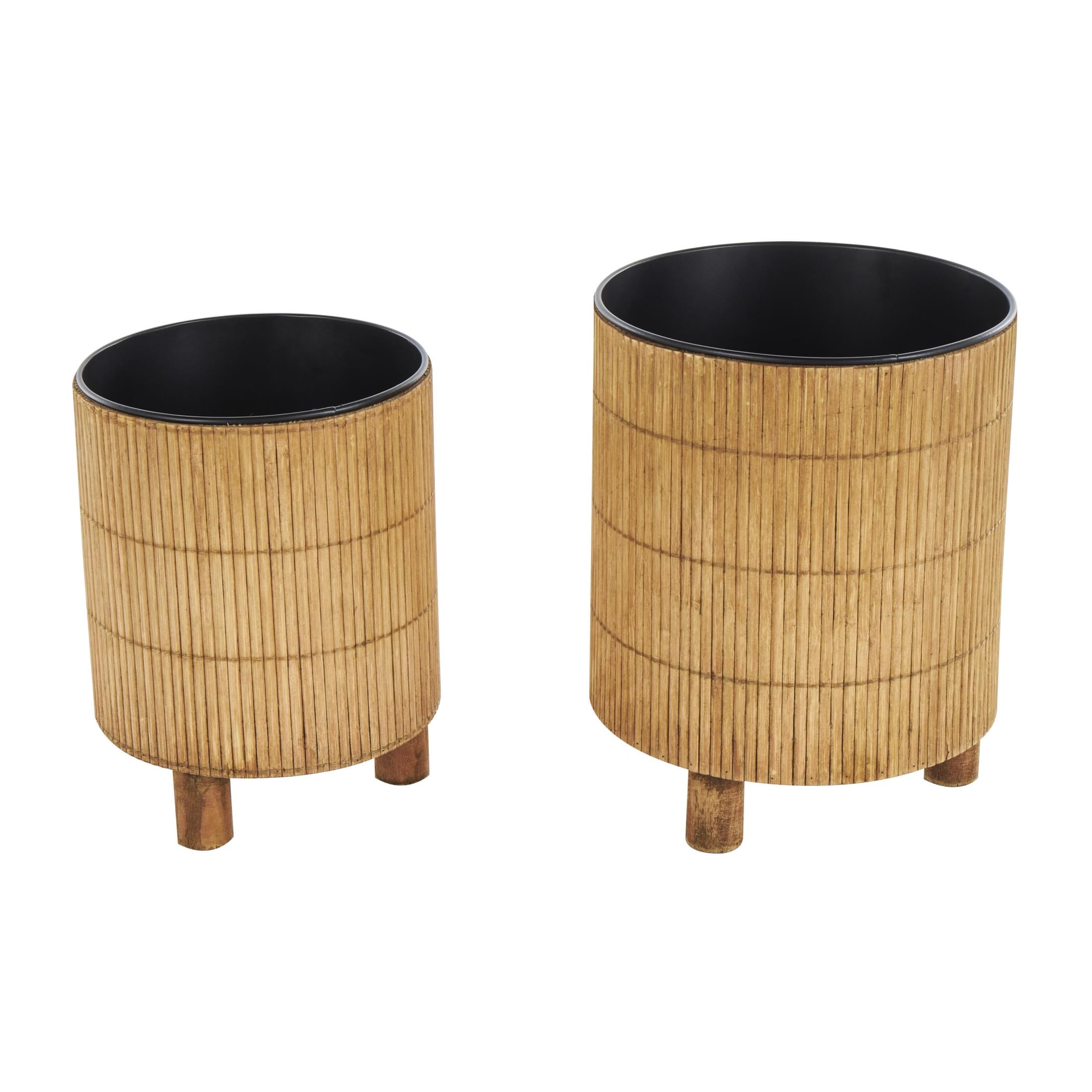 DecMode 9", 8"H Handmade Brown Bamboo Wood Planter with Black Metal Interior (2 Count)