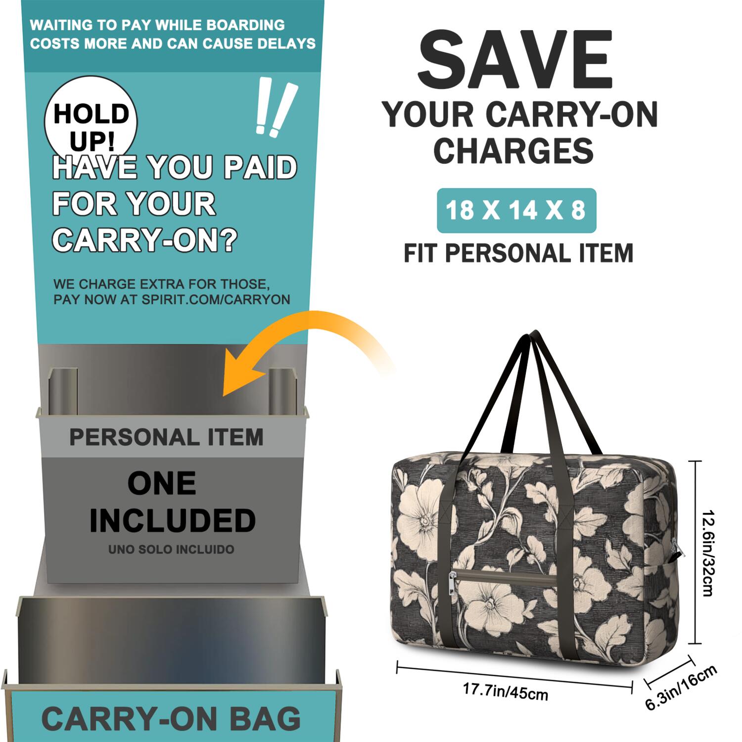 For Spirit Airlines Personal Item Bag 18x14x8 Inch, Floral Weekender Travel Bag, Foldable Travel Duffel Bag Underseat Carry on Bag with Luggage Sleeve for Women and Men 30L