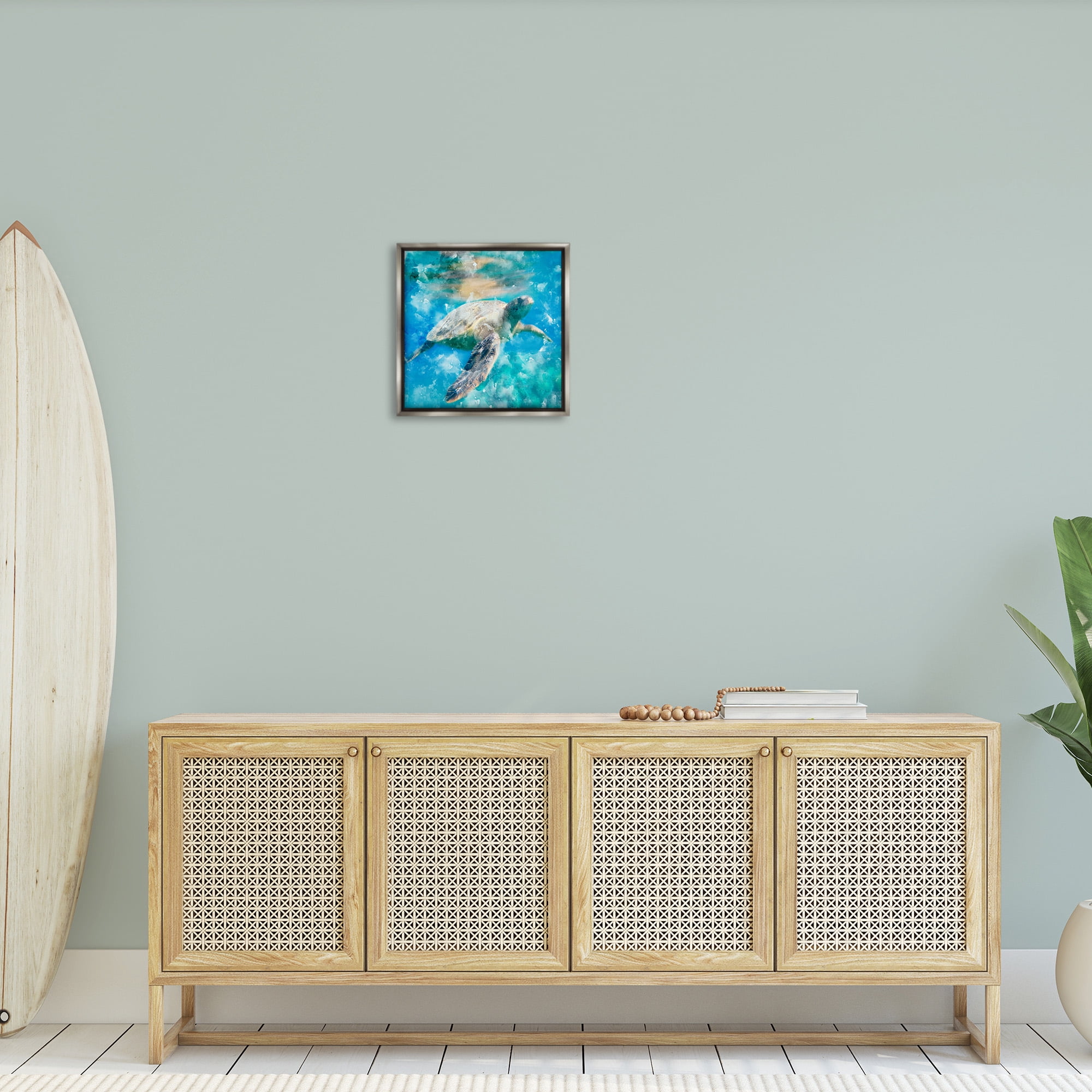 Stupell Industries Aquatic Swimming Sea Turtle Animals & Insects Painting Gray Floater Framed Canvas Art Print Wall Art, 18 x 18