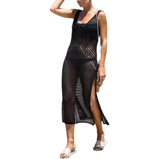 Xishao Mujer Vestido de Encaje Traje de Baño Croché Cubrir Bikini Camisola y Pareos K-Black K-Black Xishao ropa