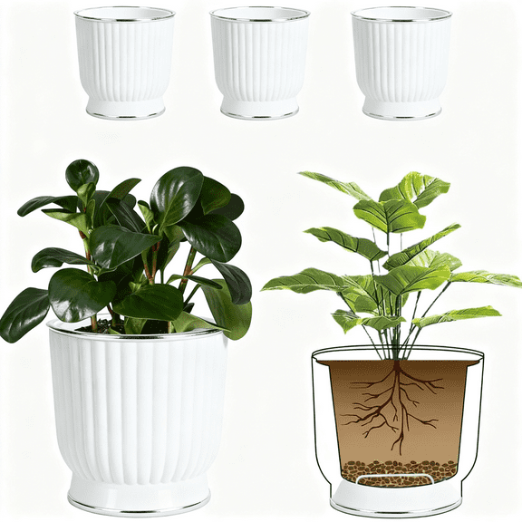 Surpdew 4 Pack Self Watering Pots 4.5-Inch White Decorative Flower Planters For Indoor Plants Modern Imitation Ceramic Planters For Small Plants Window Sill Planters For Succulents, Herbs White
