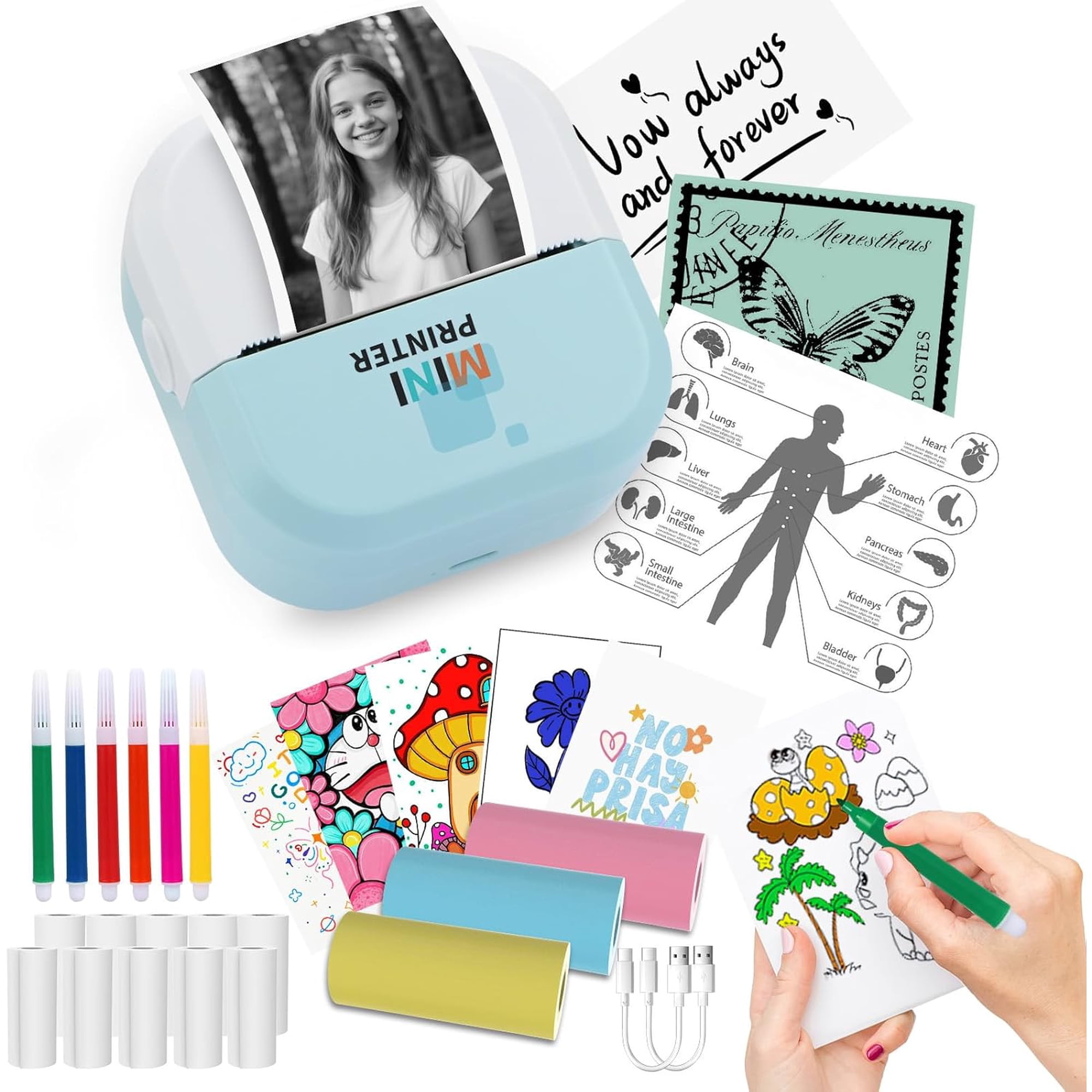 Inkless Portable Bluetooth Thermal Printer for iPhone Android, Includes 13 Rolls Paper for DIY Labels, Journal Supplies, Scrapbooking & Note Taking (Blue)