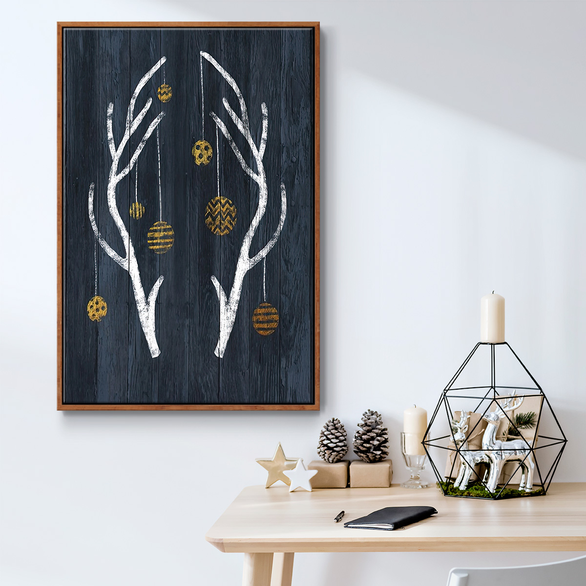 Antlers & Ornaments - Framed Gallery Wrapped Holiday Canvas - 27 x 41 - Rosewood Frame