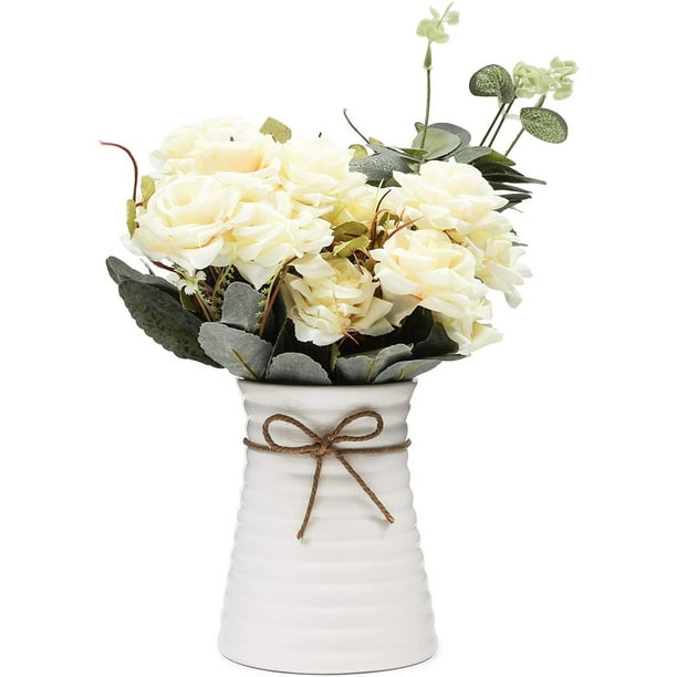 4Piece Set Artificial White Roses Fake Flowers Plants with Ceramic Vase
