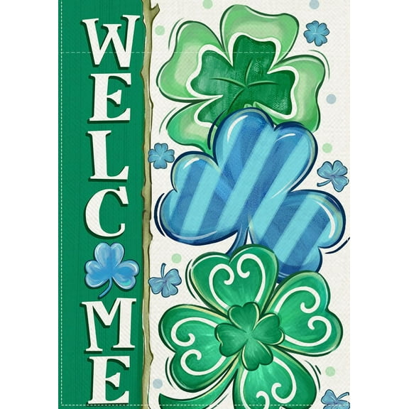 Welcome St Patricks Day Blue Shamrock Decorative Garden Flag, Lucky Clover Stripes Yard Outside Decorations, Spring Irish Burlap Outdoor Small Home Decor Double Sided 12 x 18
