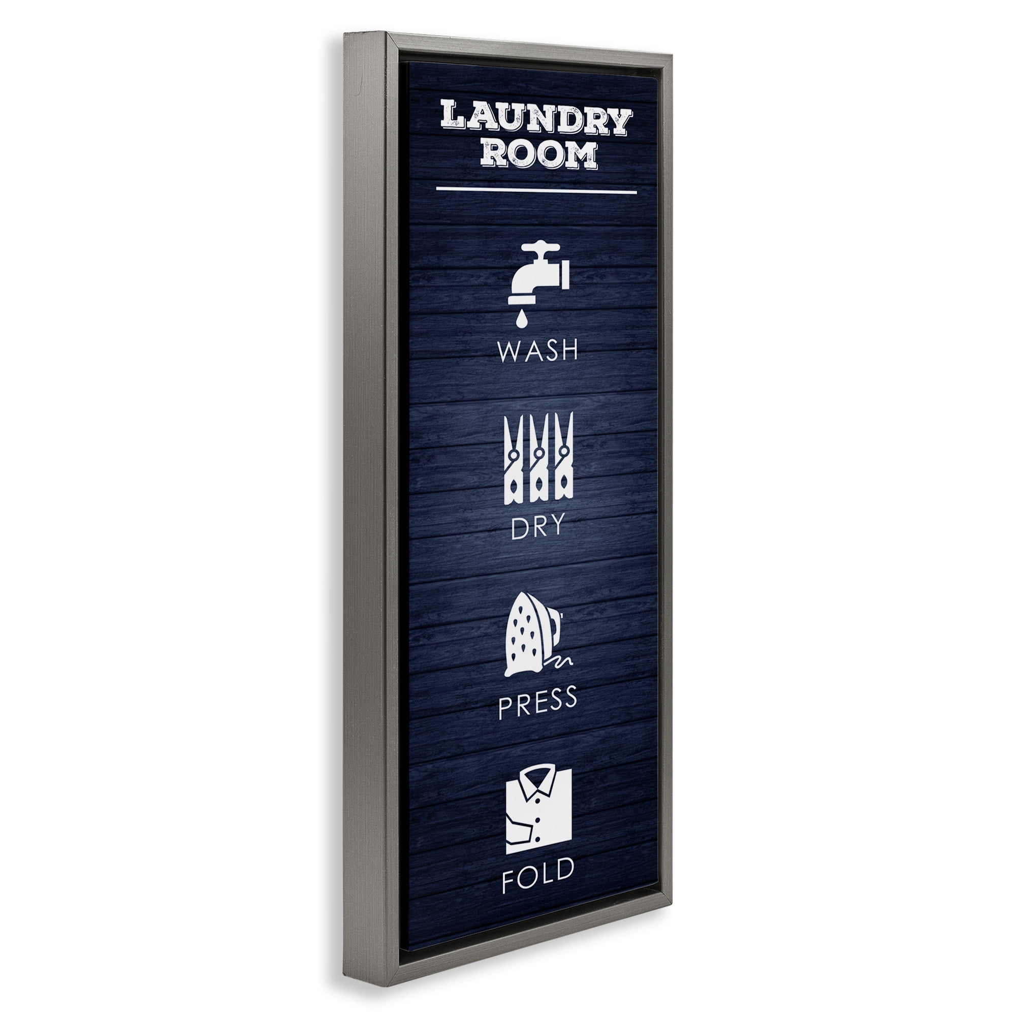Stupell Industries Laundry Room Icons Rustic Blue Typography Painting Gray Floater Framed Canvas Art Print Wall Art, 15 x 31