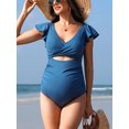thumbnail image 5 of Sociala Warpped V Neck 1 Piece Swimwear for Maternity Ribbed Ruffle Sleeve Swimsuit, 5 of 8