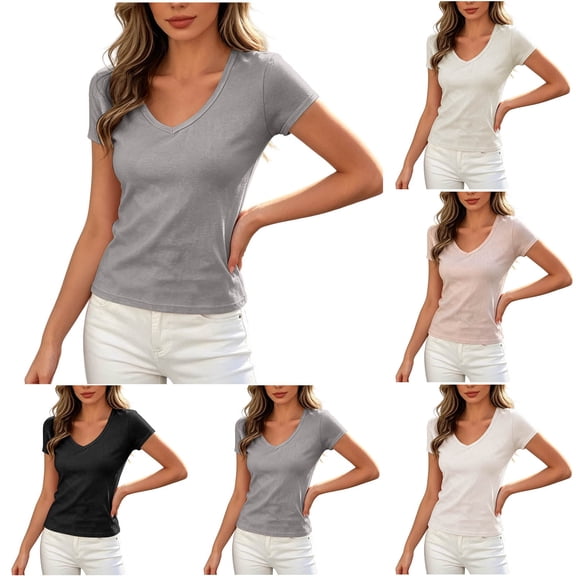 ClodeEU Women's V Neck Cotton Short Sleeve T Shirt ,Casual Solid Color Slim Fit Tee Black,Women's Plus L